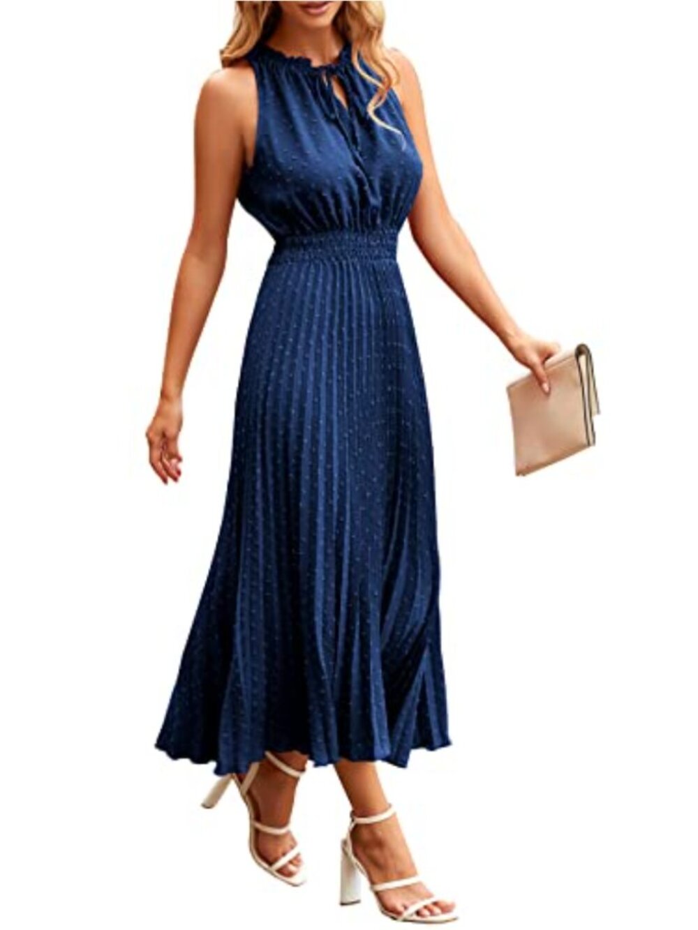Women's Sleeveless Swiss Dot Midi V-Neck Swing Dress Summer Casual